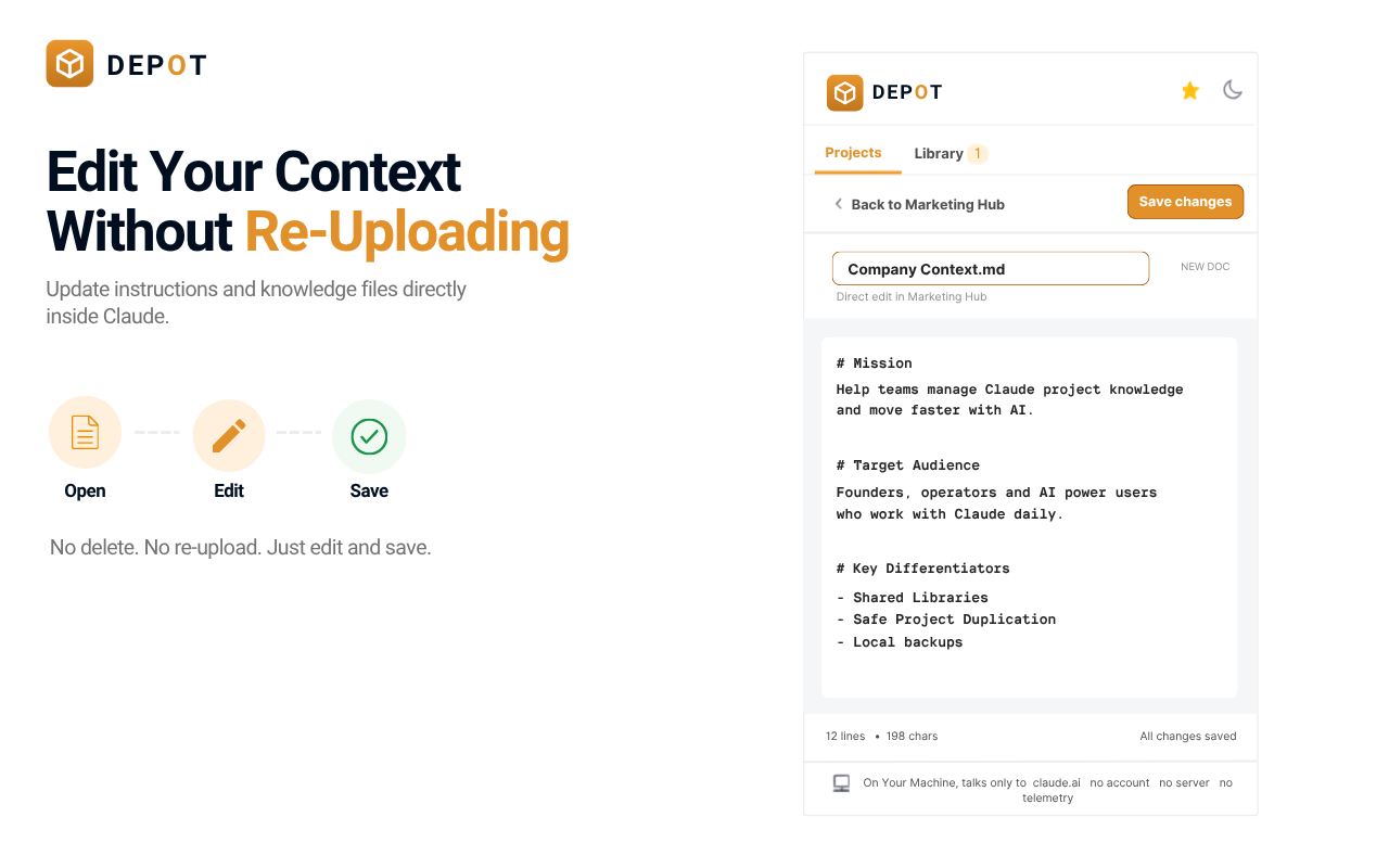 Depot in-panel Markdown editor showing document text and character count.