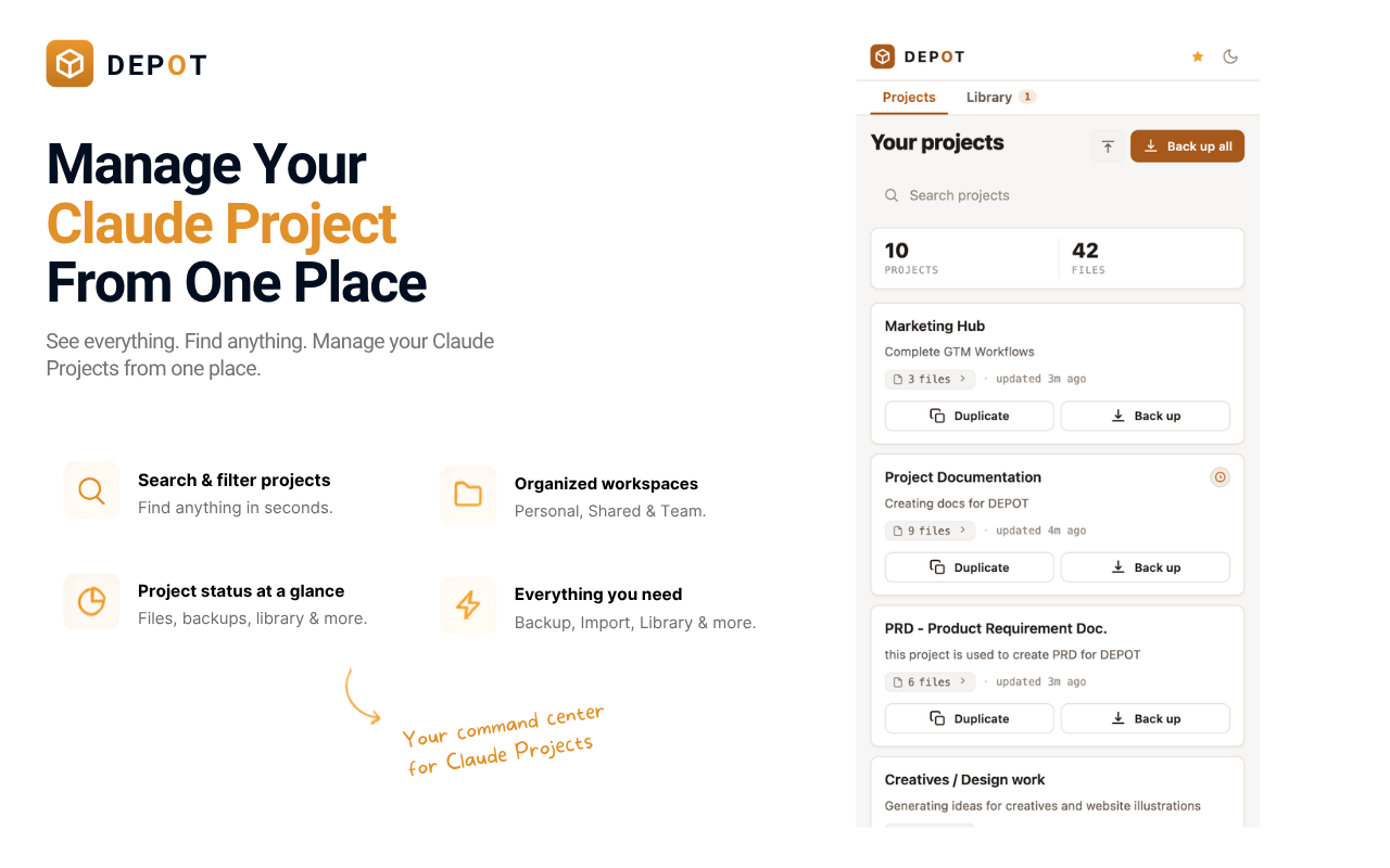 Depot manage projects overview interface showing project inventory and quick actions.