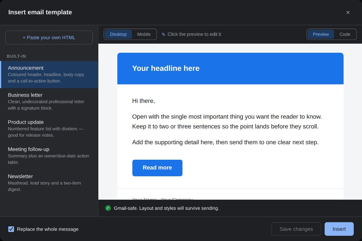 The Mailplate picker rendered in dark colours to match Gmail's dark theme.