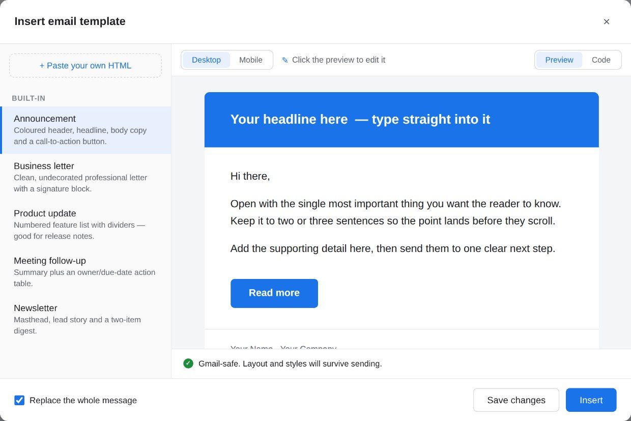 A headline in the template preview being edited directly, with new text typed inline.