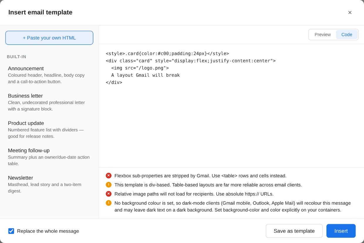 The compatibility panel listing four warnings about a pasted template Gmail would break.